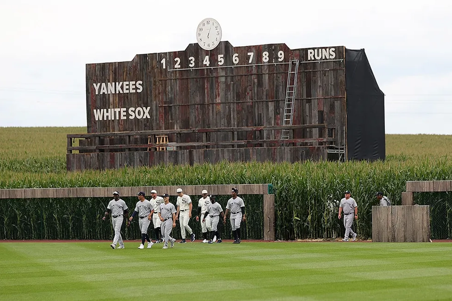 Field of Dreams ballpark scoreboard and cornfield seating area